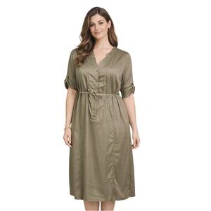 Collection L Olive Button-Front Midi Dress with Tie Waist Lyocell